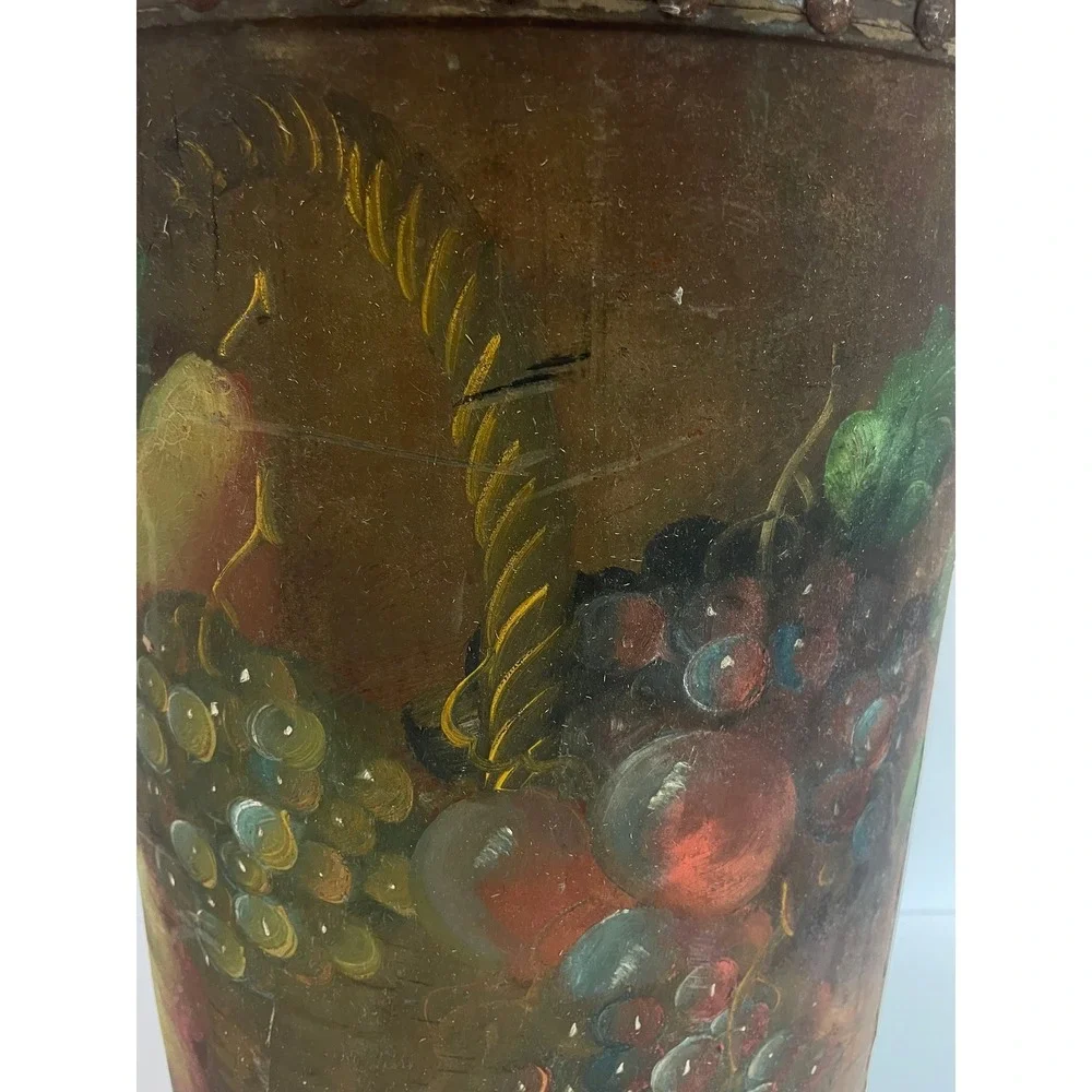 Vintage Hand Painted Tole Fruit Basket Umbrella Stand Tall Decorative Floor Vase